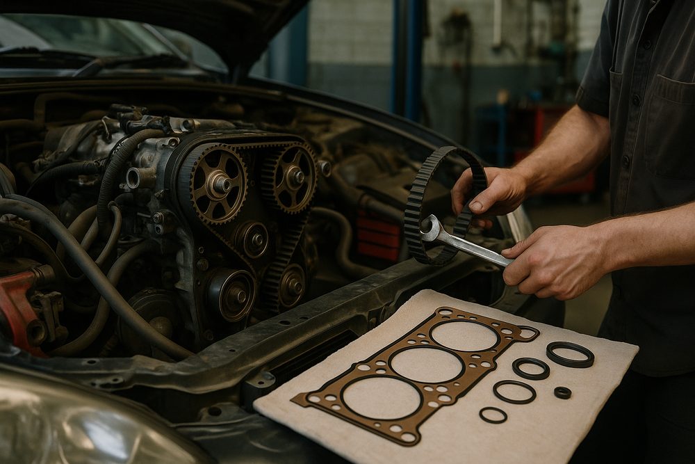 An engine with the timing belt cover removed showing the timing belt and pulleys, a Darwish Motors mechanic with a new belt and head gasket set laid out on a rag