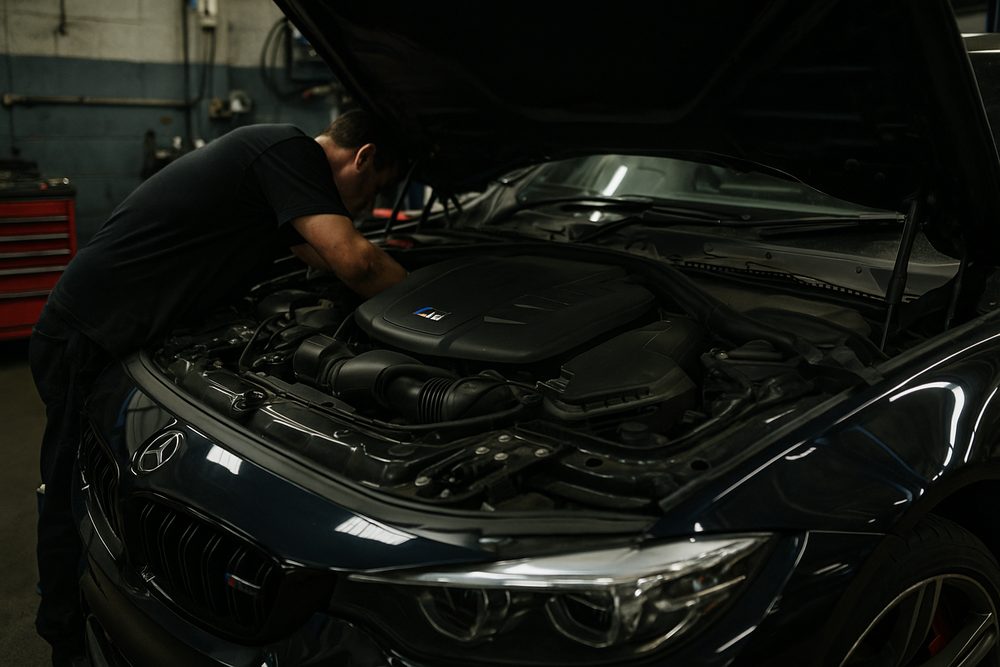 The engine bay of a European performance car with the bonnet up at the Darwish Motors workshop, a mechanic working on the engine
