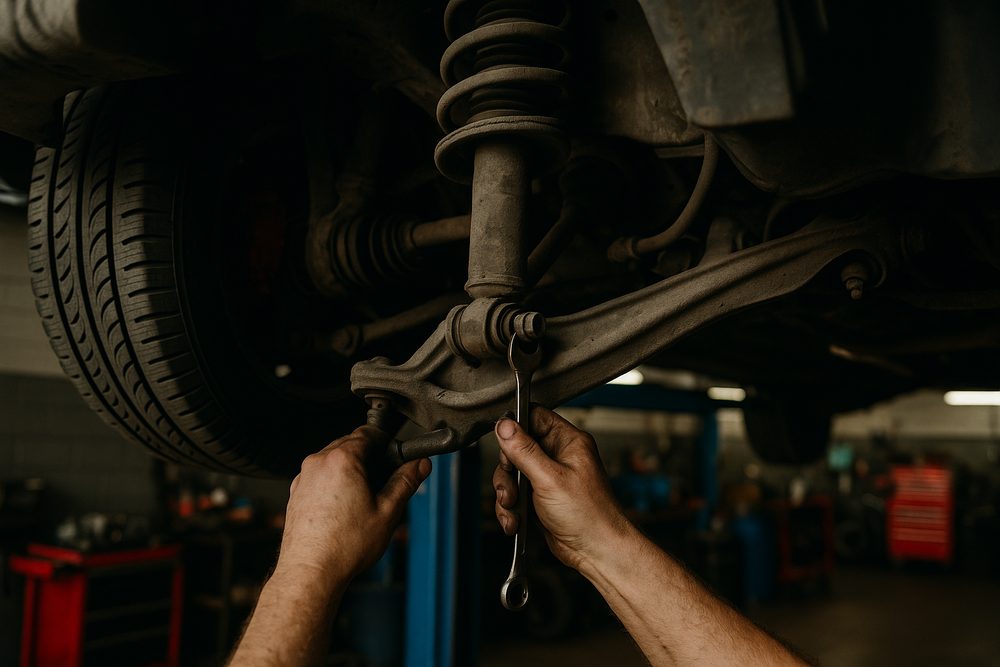 The front suspension and steering of a car seen from underneath on the hoist at Darwish Motors, a mechanic working on a control arm with a spanner